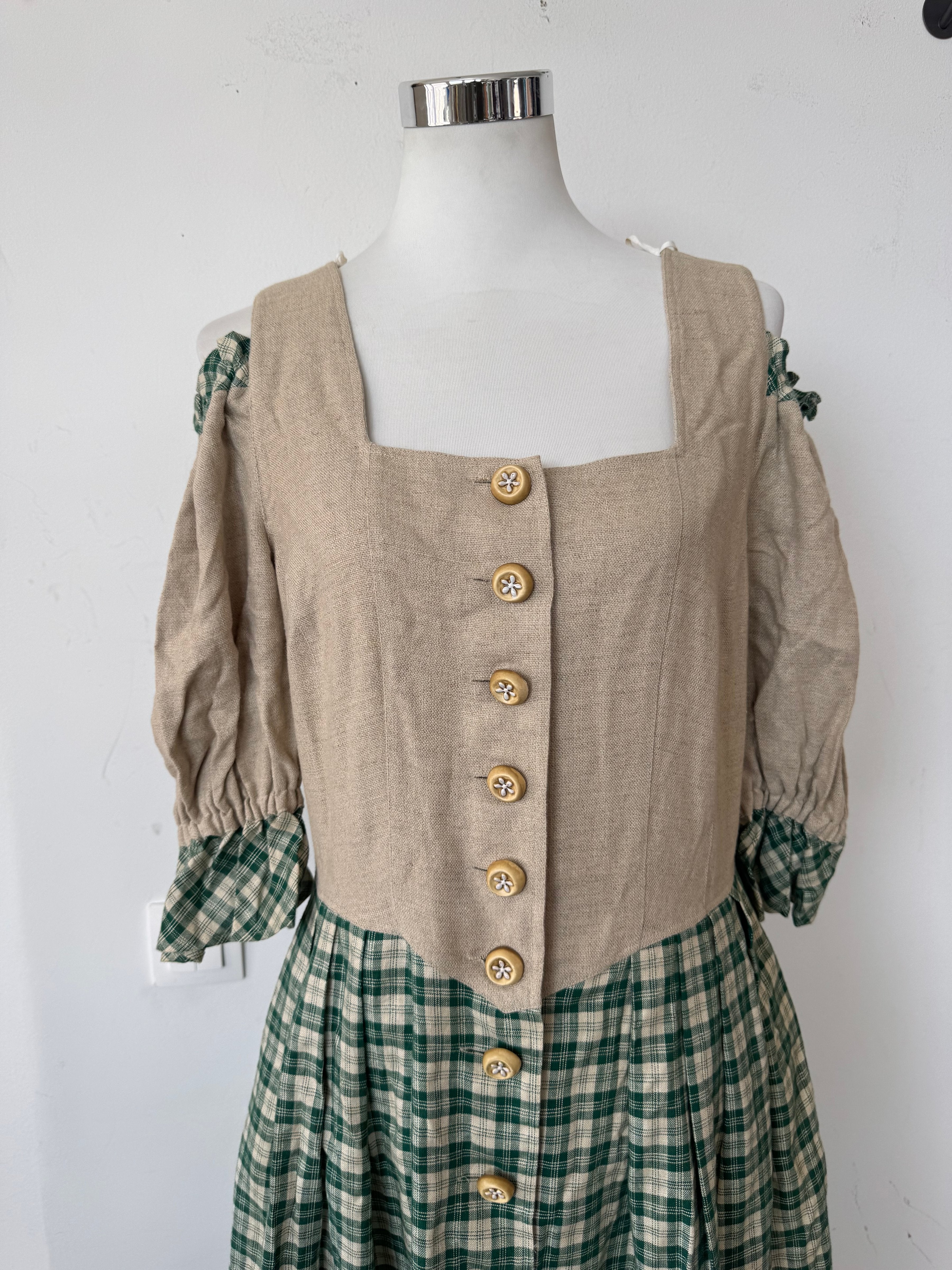 Your Sixth Sense Traditional Dirndl Dress M Beige Green Linen Very Good Condition