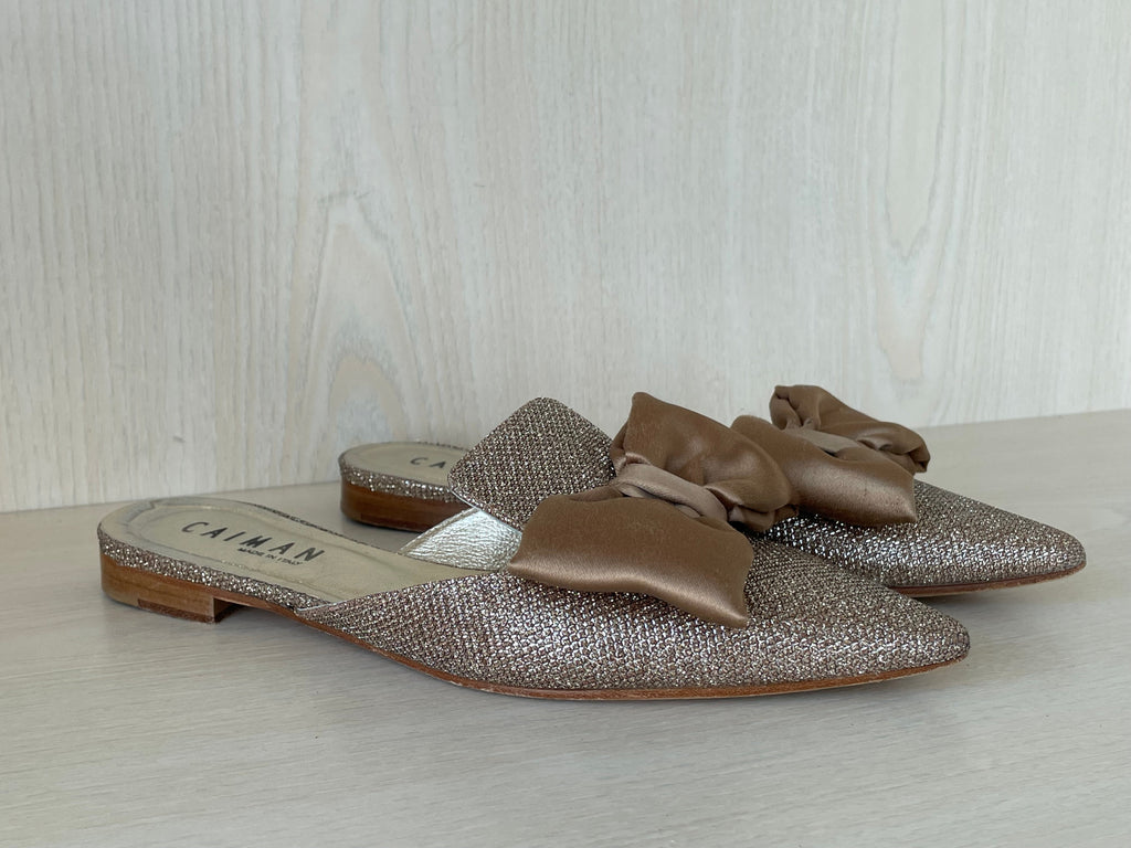 Caiman Glitter-Bow Mules, Gold, Gr. 38.5, Sehr Gut