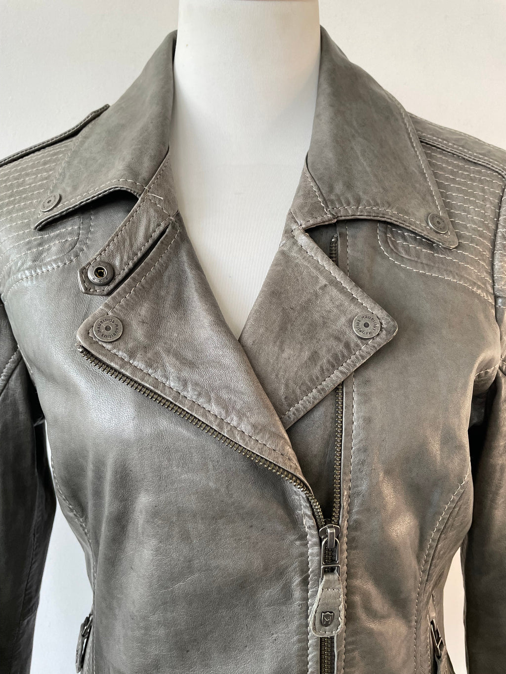 Mauritius Grey Leather Biker Jacket, Size 38 EU, Very Good Condition