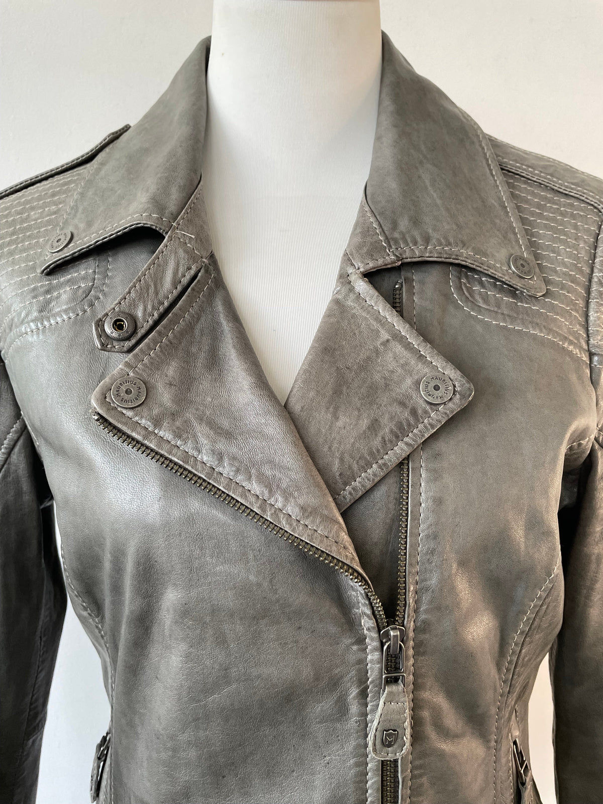Mauritius Grey Leather Biker Jacket, Size 38 EU, Very Good Condition