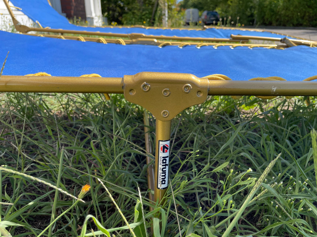 Lafuma Vintage Klappbett, Blau/Gold, 194x63 cm, Sehr Gut, 2 Stück verfügbar