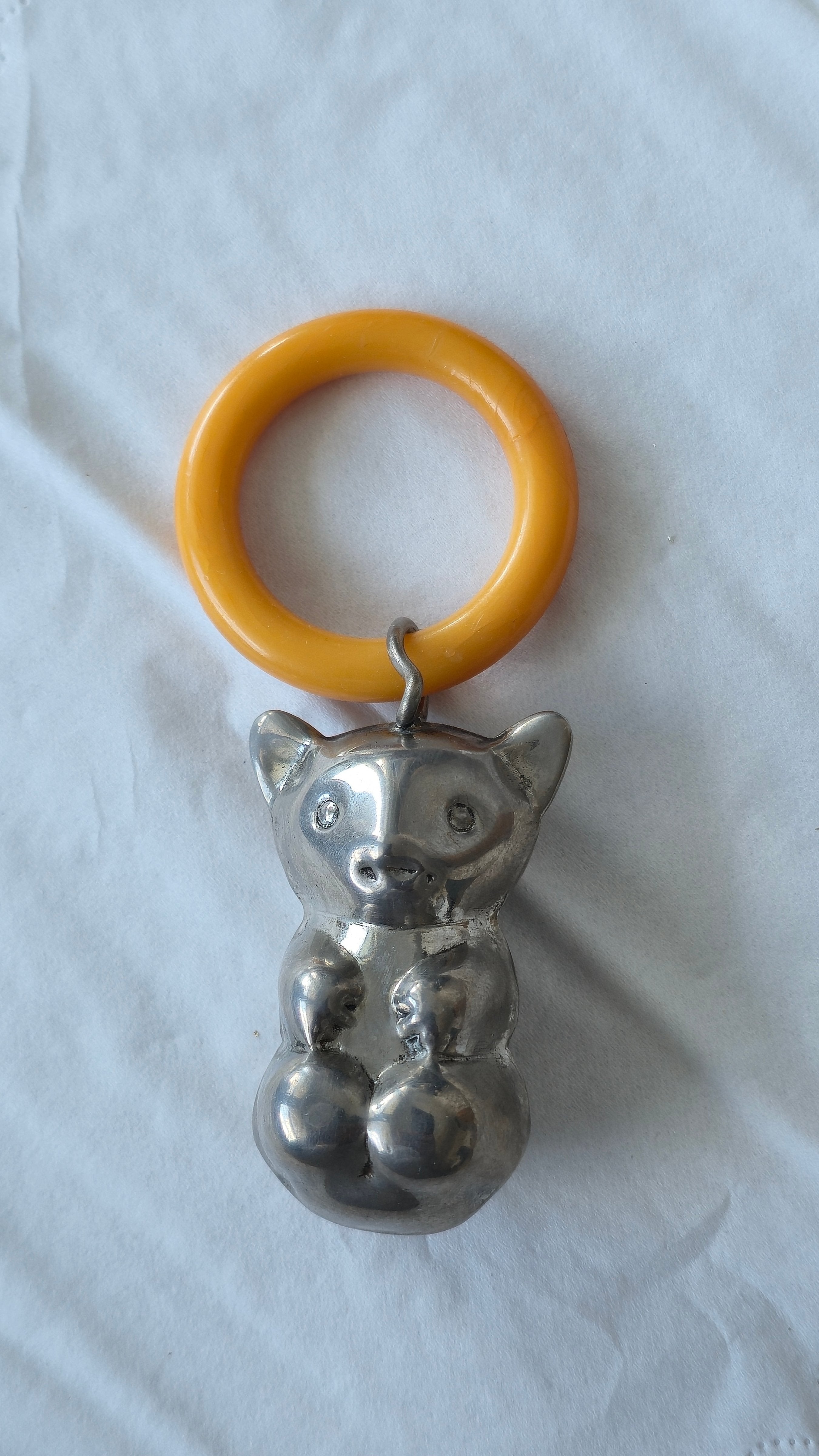 Vintage Silber Bär Babyrassel mit Beißring | ca. 10cm | Silber/Orange | Gut