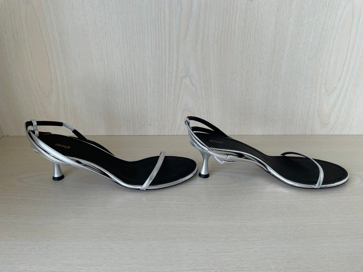 Neous Strappy Kitten Heel Sandals, Silver/Black, Size 38 EU, Like New