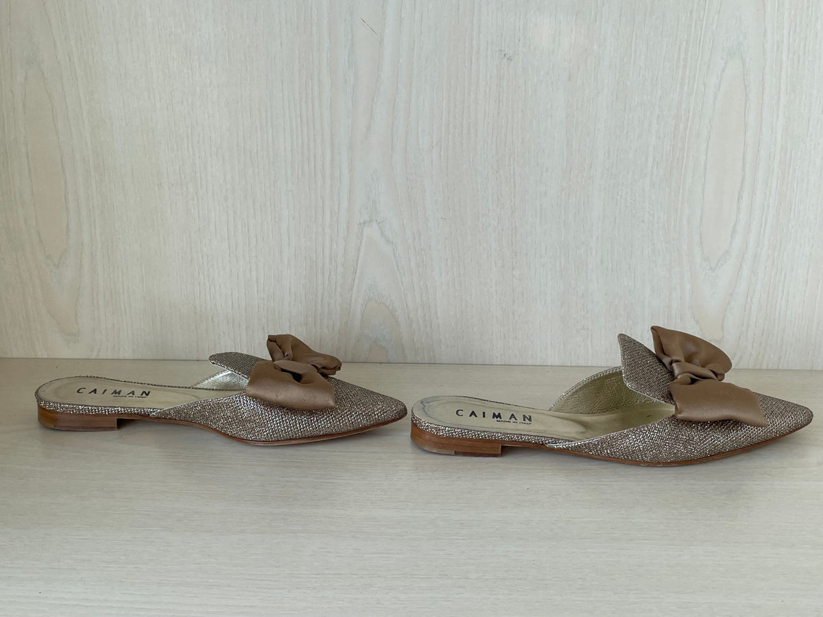 Caiman Glitter-Bow Mules, Gold, Gr. 38.5, Sehr Gut