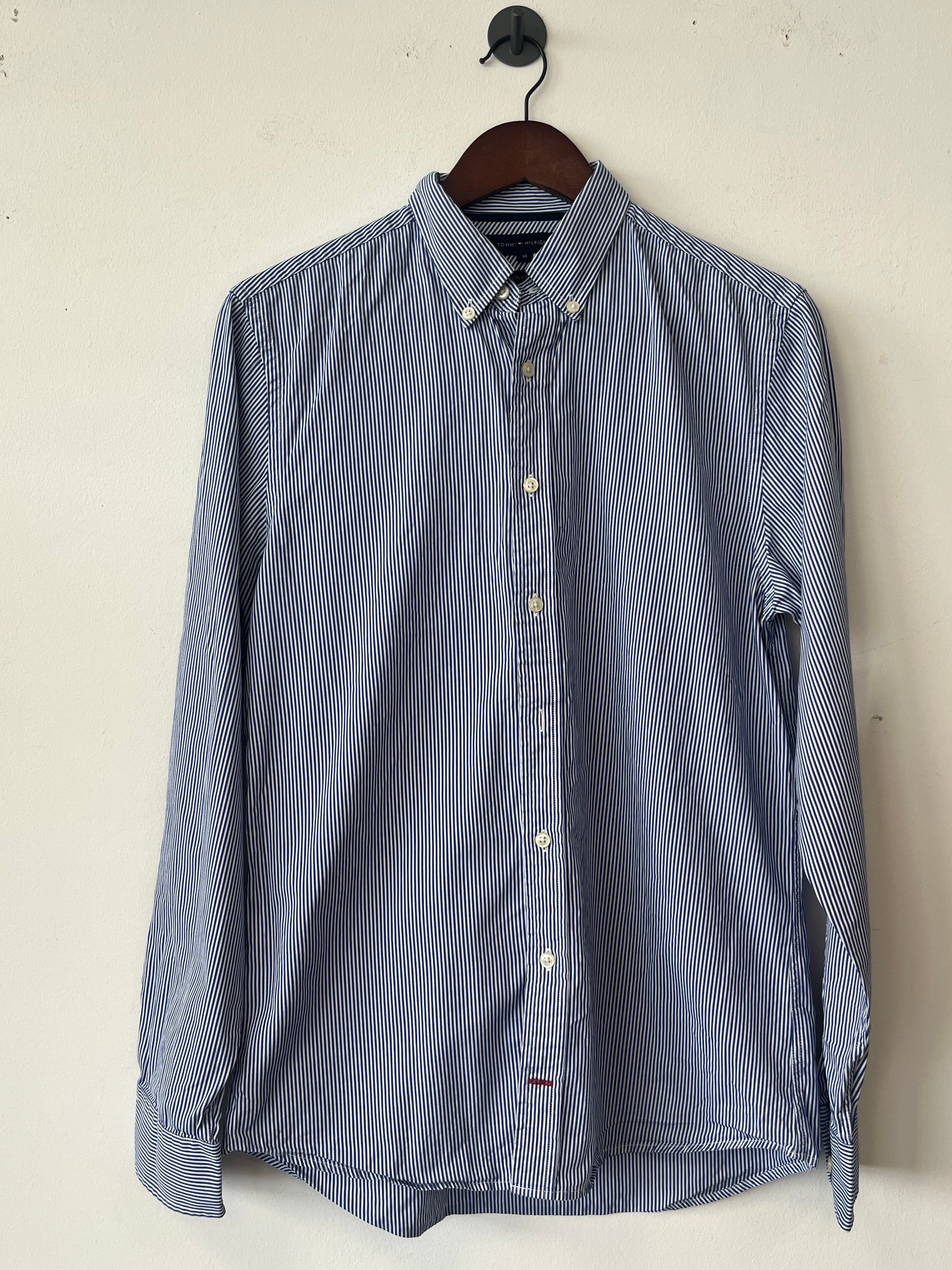 Tommy Hilfiger Hemd Blau-Weiß Gestreift M 100% Baumwolle Sehr Gut