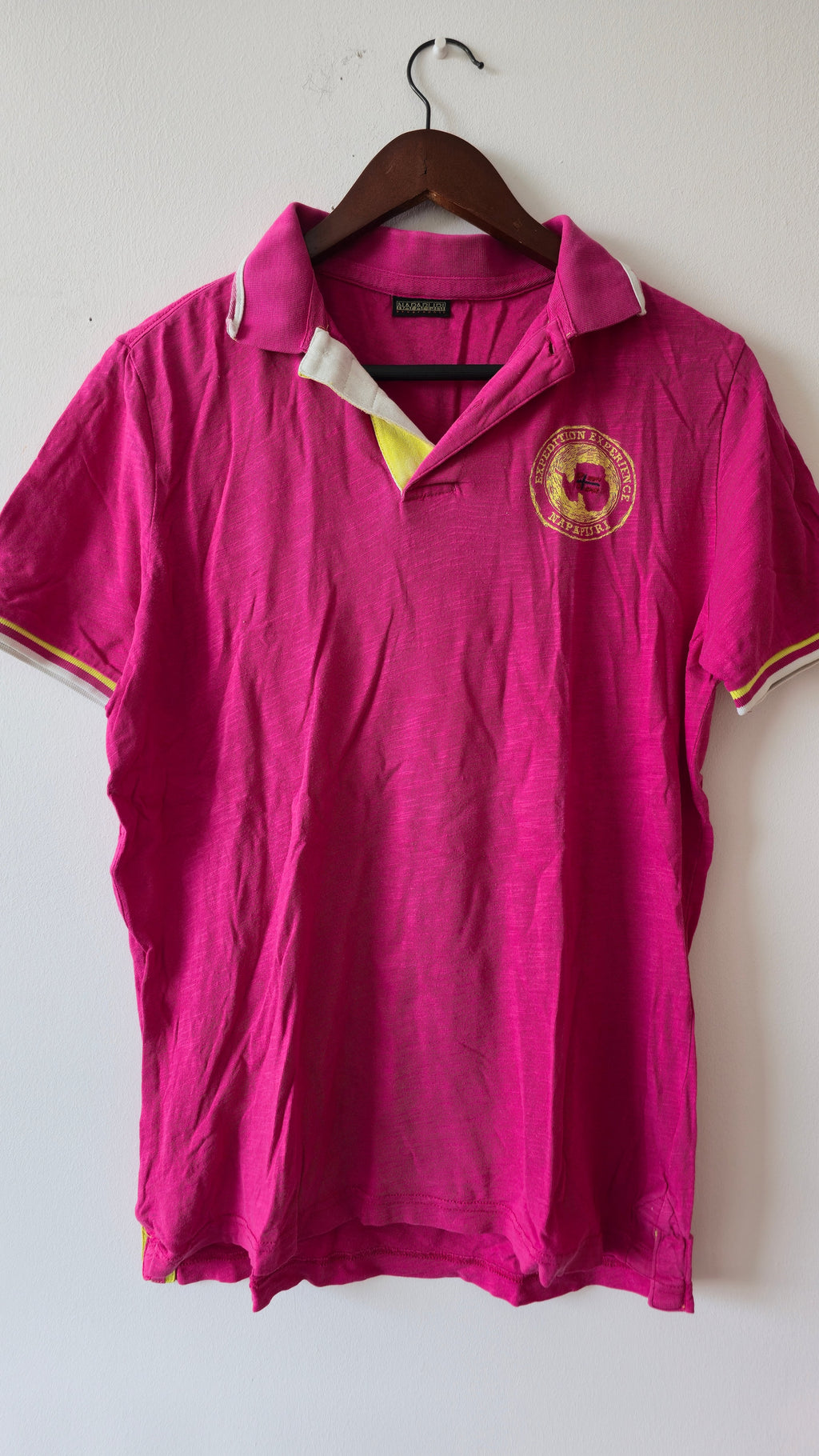 Napapijri Pink Polo Shirt (M) – Flag Print, Good Condition