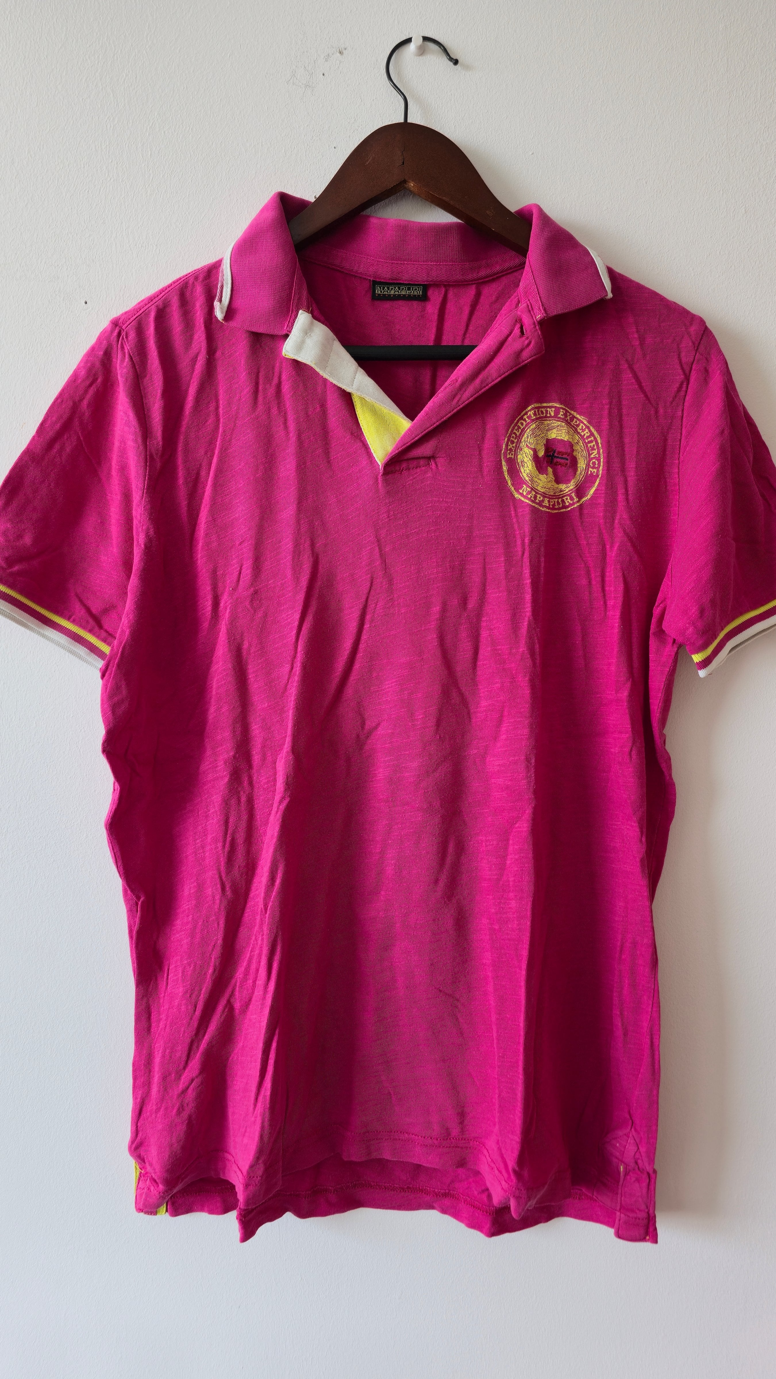 Napapijri Pink Polo Shirt (M) – Flag Print, Good Condition