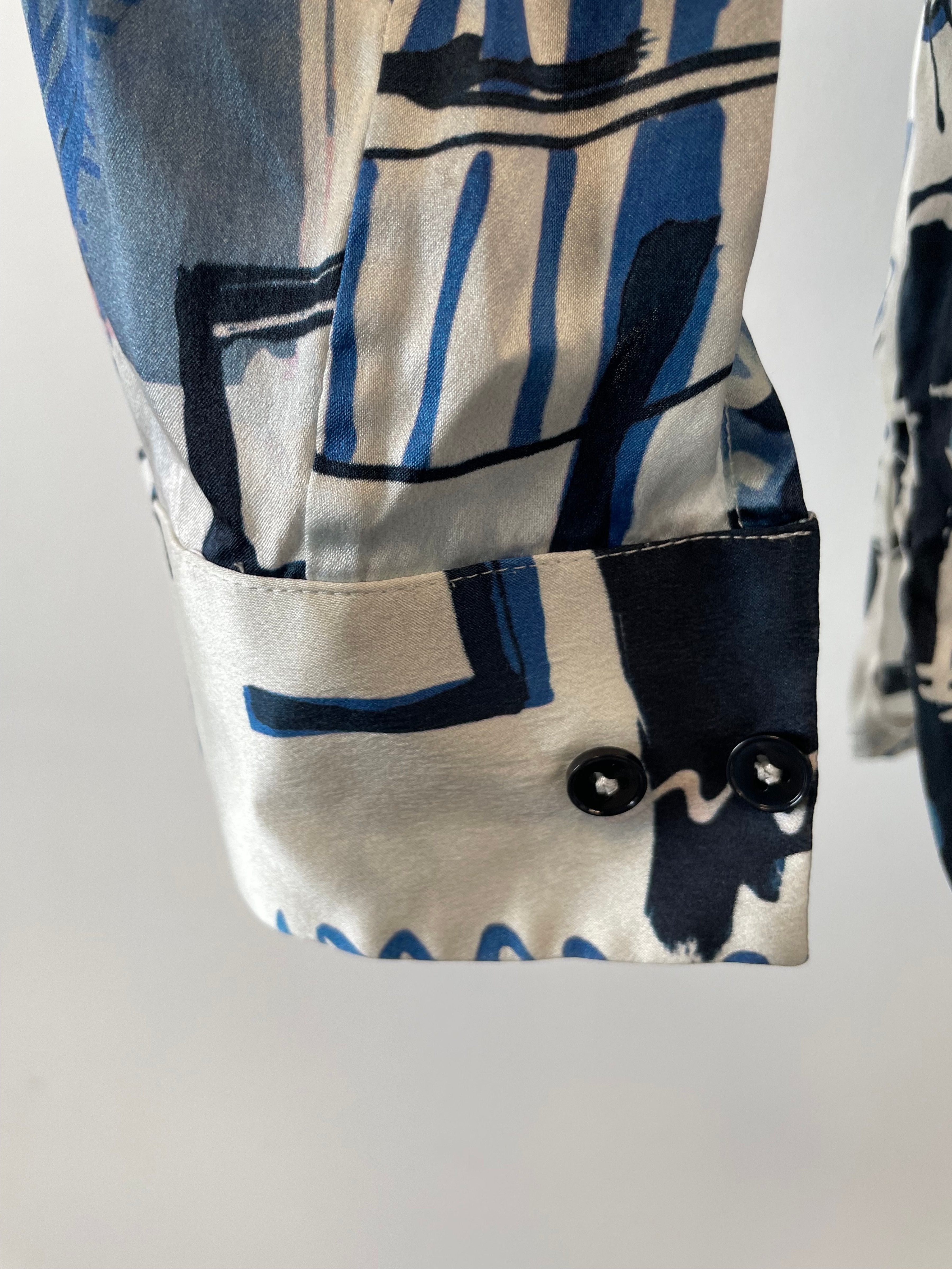 Van Laack Meisterwerk Love From Paris Blouse 34 White Blue Black Print Silk